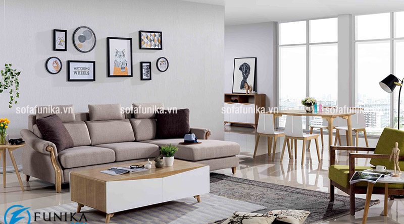 Bộ ghế sofa góc bằng khung gỗ sồi tạo cho không gian phòng khách trở nên rộng rãi, thoáng đãng và sáng